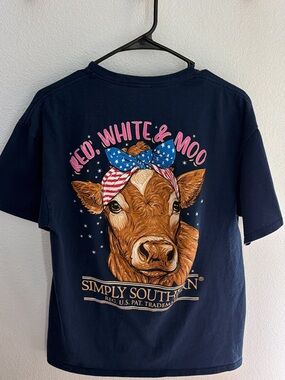 Simply Southern Navy Women’s Tee with Patriotic Highlander Cow Graphic - Large